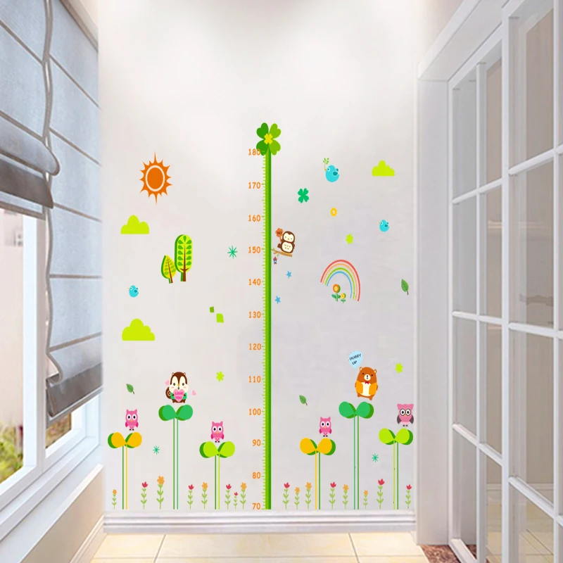 lovely owl squirrel birds flower height measure wall stickers for kids rooms cartoon animals growth chart decals art mural | Дом и сад