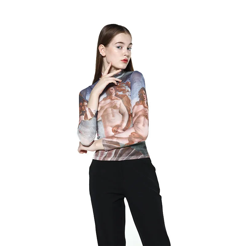 

Women T Shirt Painting Mesh Top Vintage Tee Tops Spring Summer Wear Print T-shirt Elastic Long Sleeve Women T Shirts Z426