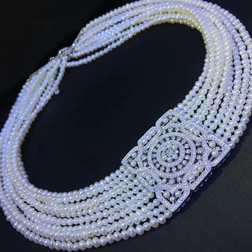 ?? 3〜4ミリメートル天然淡水パールチョーカーネックレス925スターリングシルバースクエア細かい女性ジュエリーパーティーネックレス