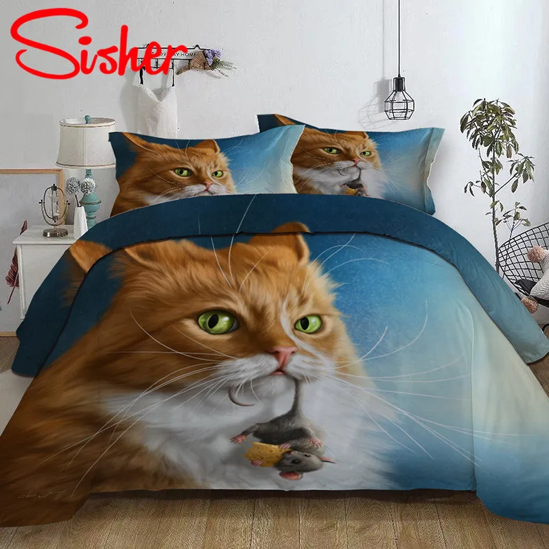 Sisher 3D Cartoon Bedding Sets Animal Dog Cat Print Duvet Cover Set Single Double Size Queen King Dekbedovertrek No Bed Sheet | Дом и сад