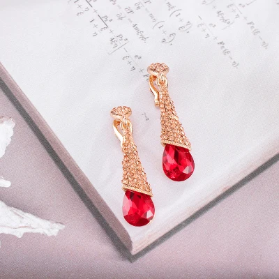 red ear clip Корейские модные роскошные хрустальные серьги в форме капель с кристаллами, длинные серьги, ювелирные изделия, серьги для невесты, не проколы, клипсы для ушей - Окраска металла: red ear clip