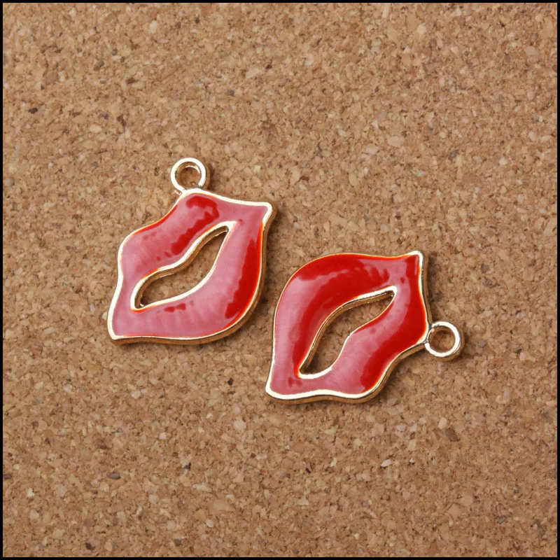 New 50PCS Oil Drop Red Sexy Lady Lips Alloy Charms Gold Tone DIY Bracelet Necklace Phone Chain Keyring Bracelet Floating Pendant