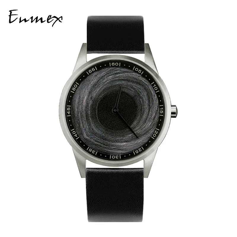 black leather Enmex Дизайнерские наручные часы с 3D черным отверстием, креативный дизайн, чехол из нержавеющей стали, картина маслом, кварцевые часы - Цвет: black leather