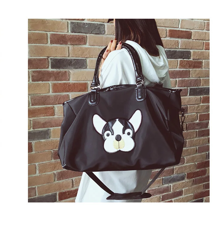 Fashion Casual PU Leather Travel Bags Black Couple Cartoon Dog Embroidery Overnight Weekend Bag Short Trip GYM Big Hand Luggage