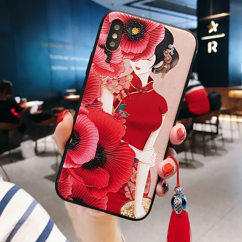 21 Китайский стиль тисненый чехол для телефона с кисточкой для iPhone 11 Pro Max XS MAX XR мягкая задняя крышка для iPhone X 8 7 6S 6 Plus Coque - Цвет: 21