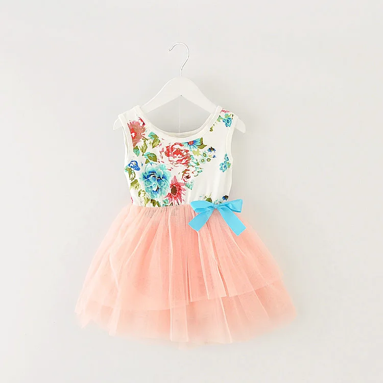 Wholesale Girls Clothing Summer 2017 New Kids Sleeveless Mesh Floral Flower Gauze Dresses Princess Bow Children Clothes 4pcs/LOT | Детская