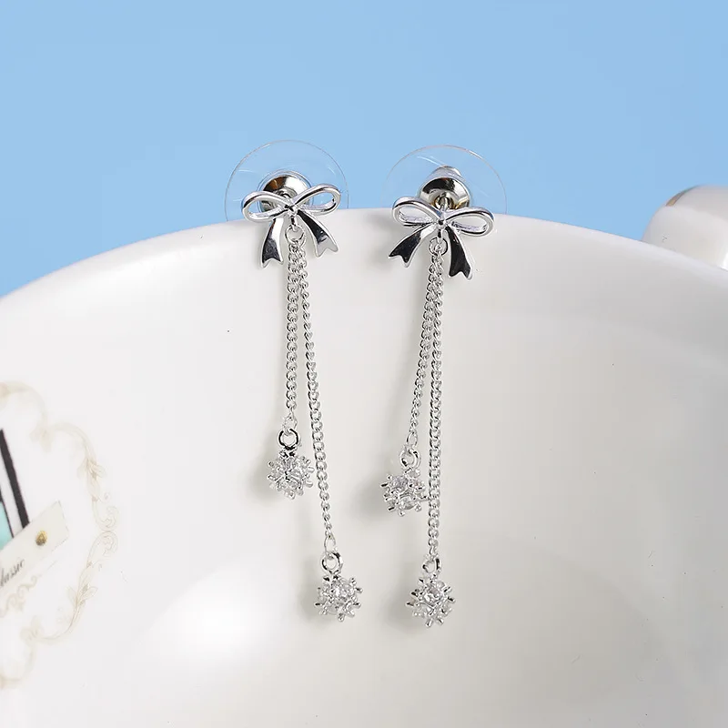 925 Серебряная Игла бант Горный Хрусталь Долго Earrigns Для Женщин Простой Элегантный