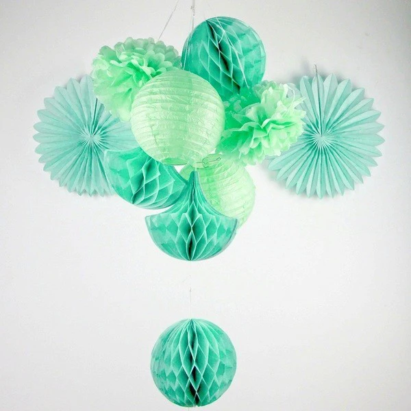 10pcs/set Party Decoration Tissue balls Fans Lanterns Honeycomb Drop Decor Weddings Birthday Or Daily Mint Green | Дом и сад