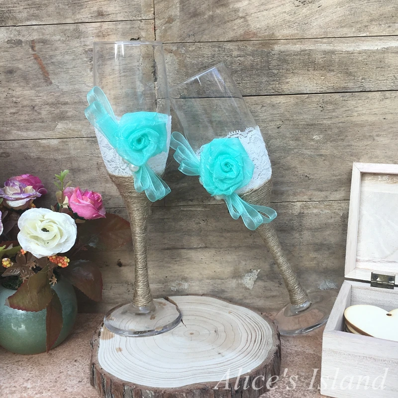 2pcs/set Wedding Glasses Champagne Toasting Flutes Customized Burlap Lace Rustic Favor Gift | Дом и сад