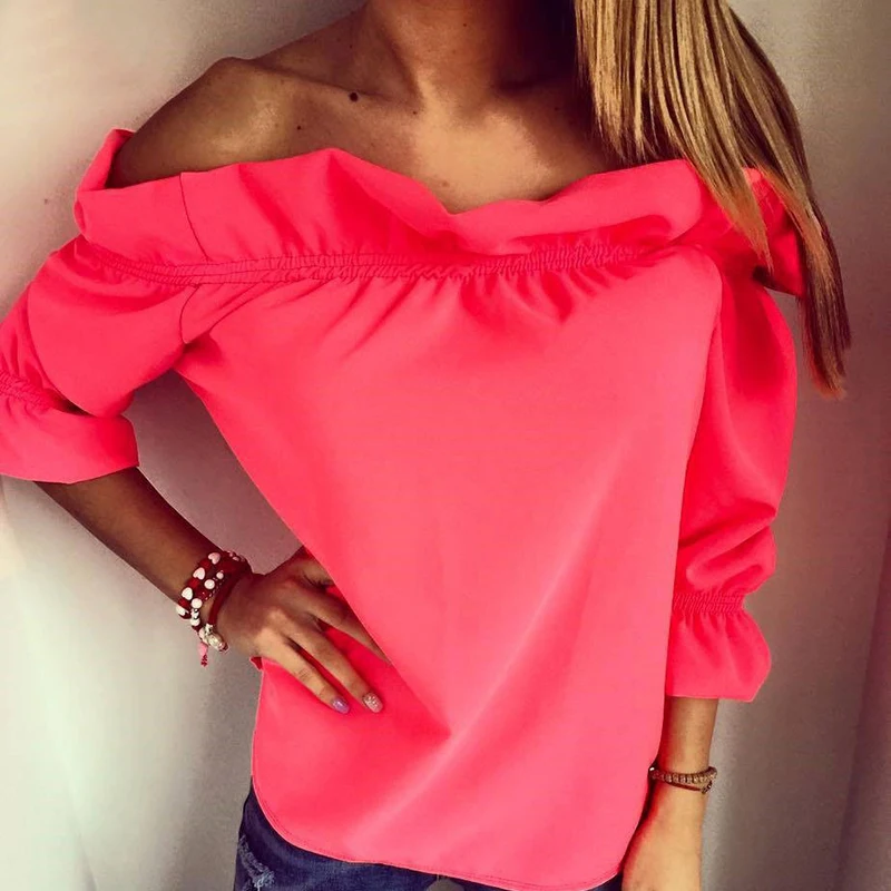 Модные женские туфли блузка с пышными рукавами вырезом лодочкой Soild рубашка без