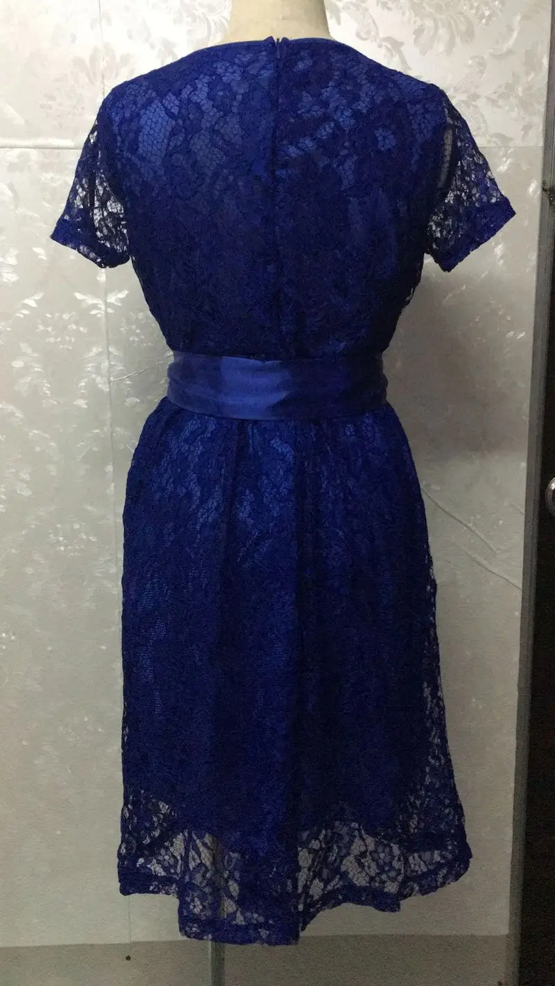 S 6XL Чай Длина плюс Размеры кружевное платье короткий рукав A Line Midi Dress пояс кушак