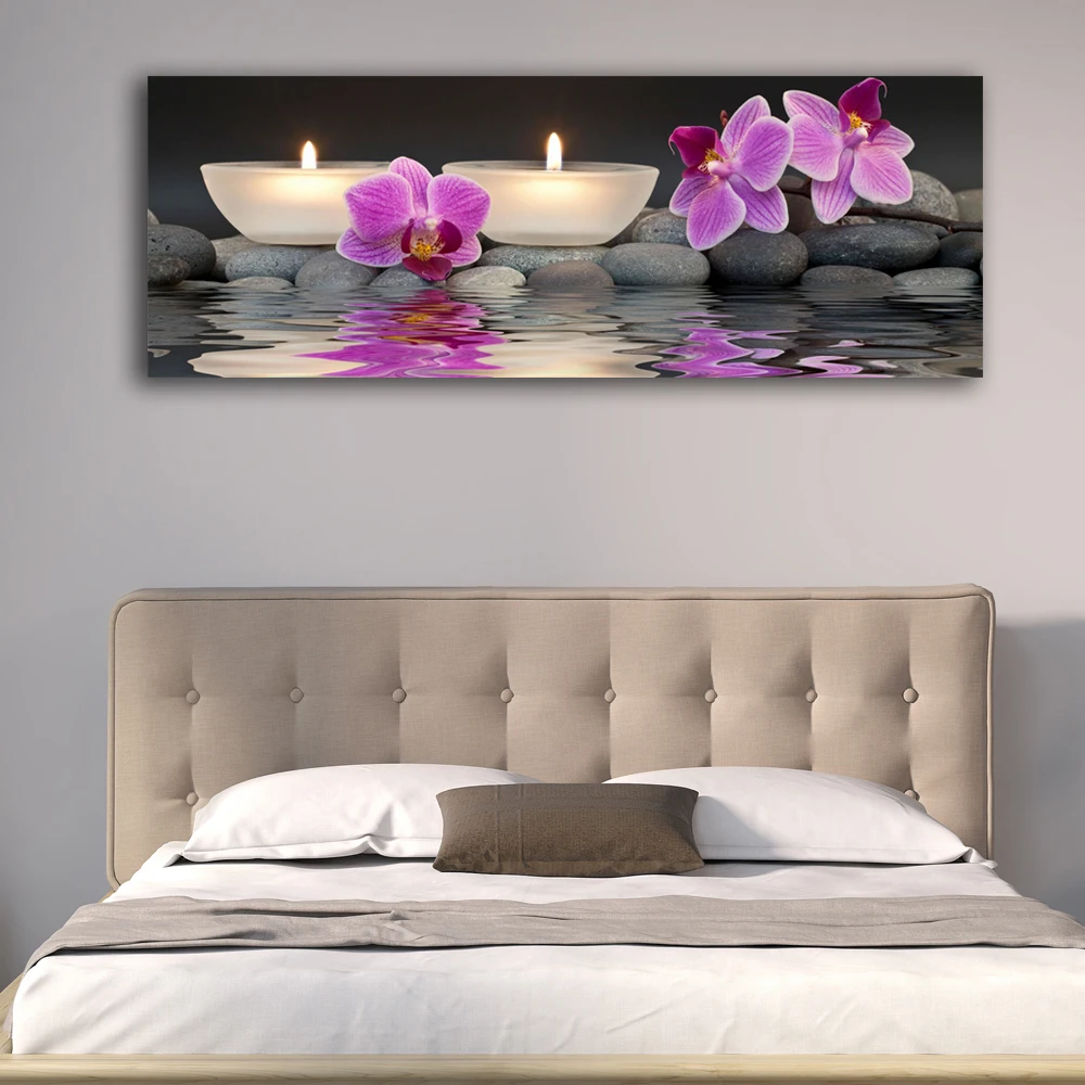 Светодиодные настенные картины орхидеи с tealights дзен с подсветкой Холст Искусство свет вверх Декор Рисунок высокой четкости работа Отпечатано в рамке 16x40 дюймов