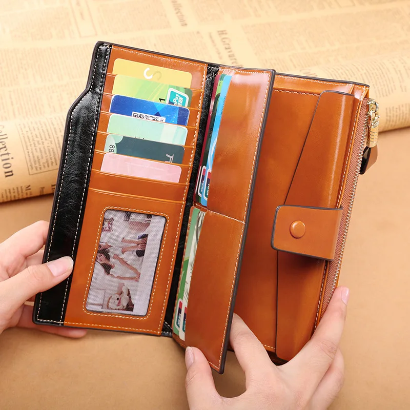 Женский RFID Блокировка большой емкости роскошный воск натуральная кожа клатч кошелек держатель карты Органайзер Дамский кошелек