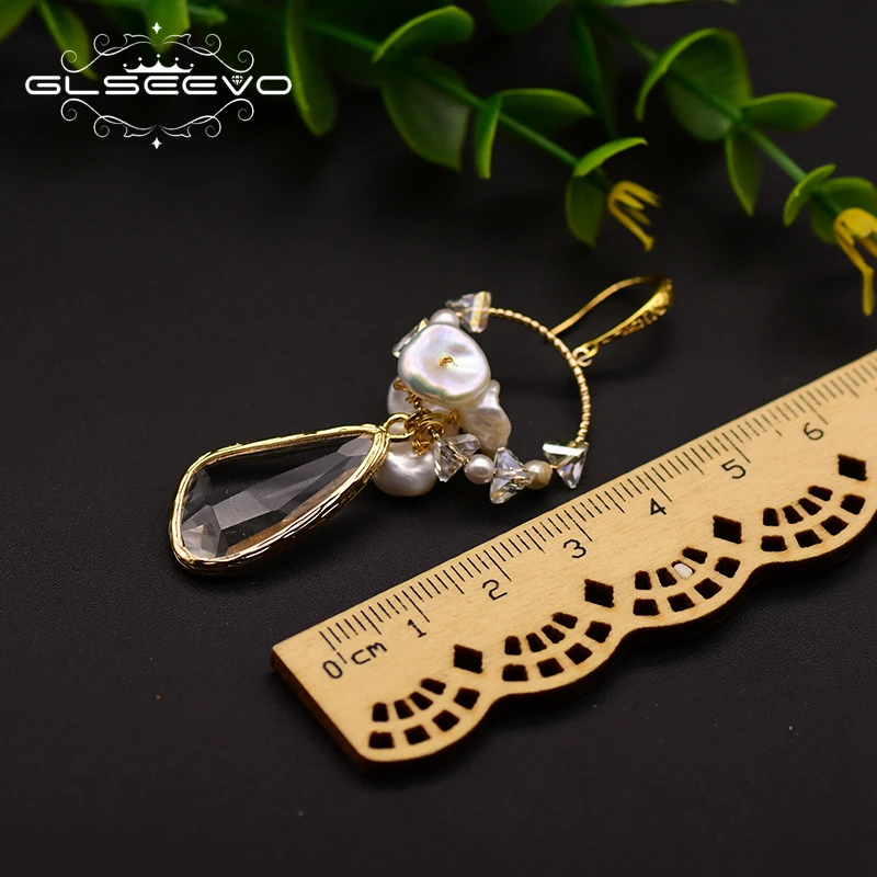 

GLSEEVO Natural Fresh Water Pearl Earring Crystal Drop Earrings Statement Earrings For Women Wedding Fine Jewelry Brincos GE0755