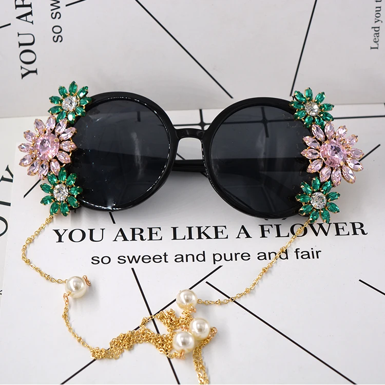New Arrival Fashion Baroque Sunglasses Crystal Flowers Pearl Chain Decoration Summer Personalized Accessories | Аксессуары для
