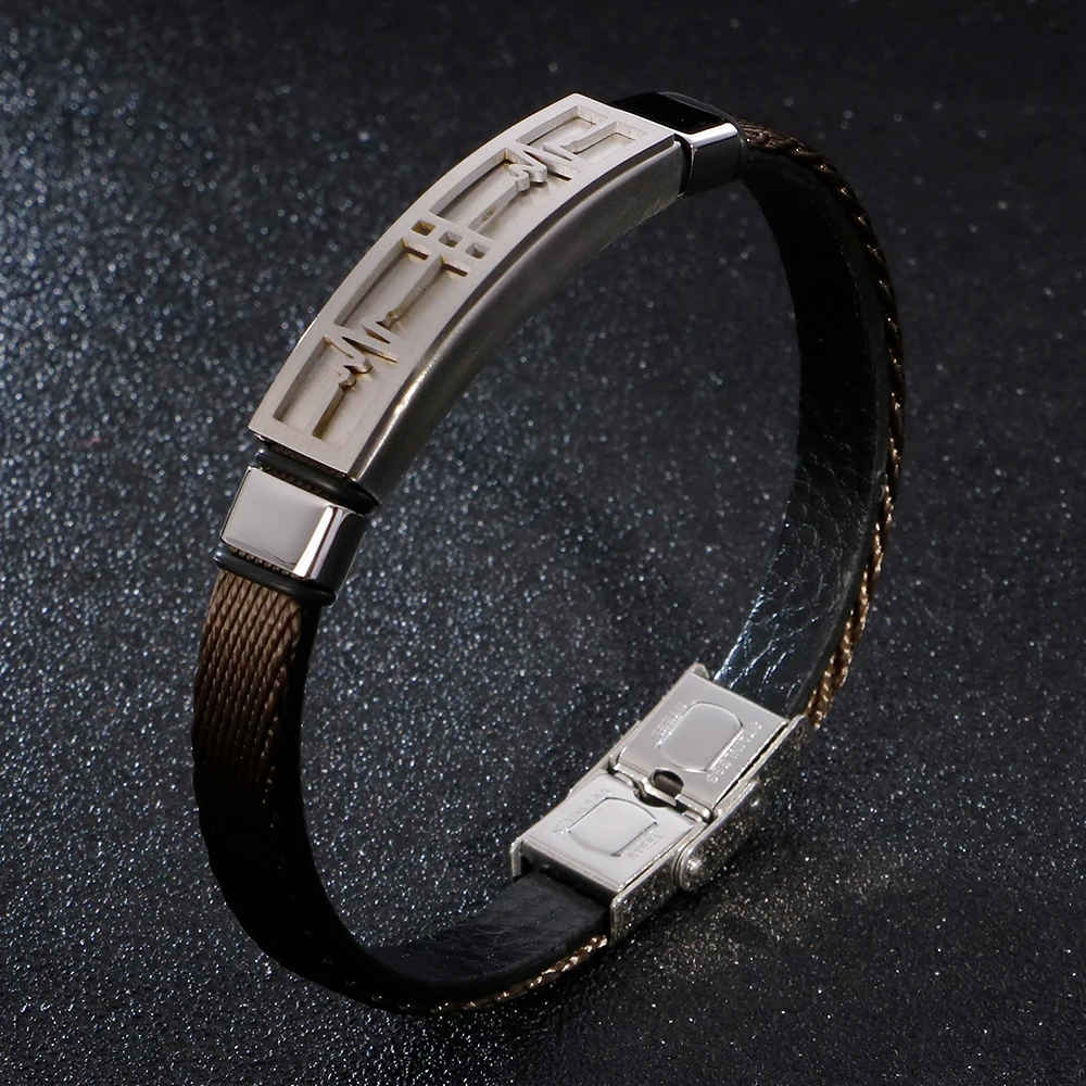 Adjustable Leather Wrap Bracelet Men Stainless Steel Heartbeat ECG Heart Rate Map Mens Bracelets Friendship Wrist Band Jewelry | Украшения
