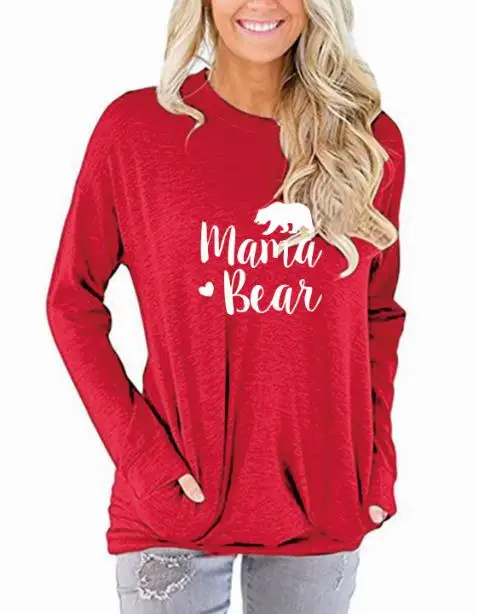 Mama Bear однотонная повседневная женская футболка осень зима длинный рукав карманы o-образный вырез женская футболка Топ Хлопок размера плюс Прямая поставка