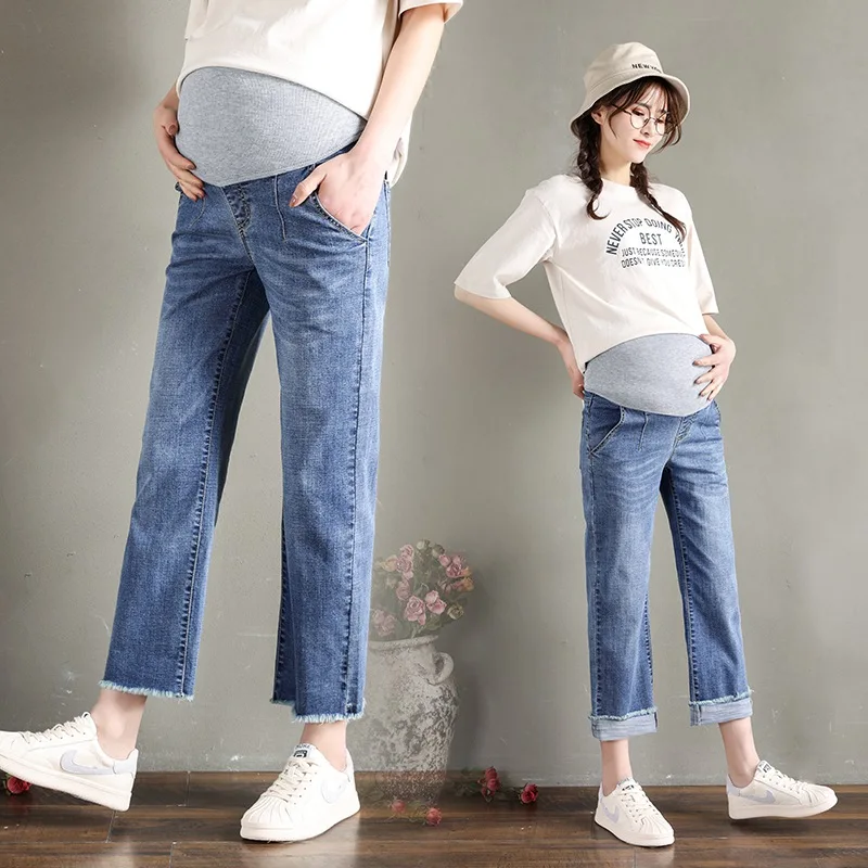 

2019 spring and summer pregnant women wide leg pants loose jeans Korean version of the straight nine pants pregnancy pants