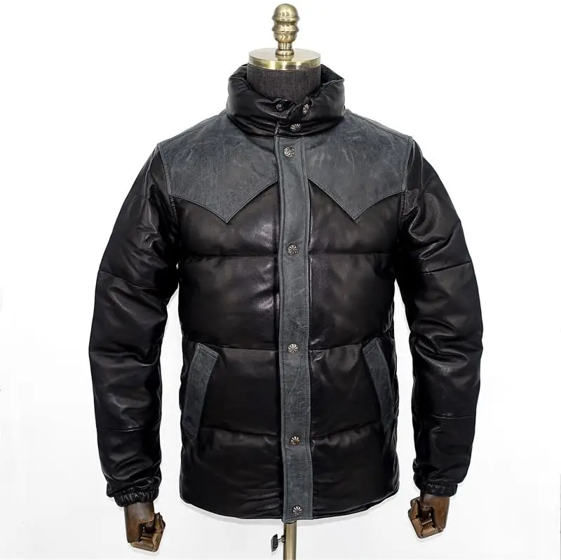 Новинка, мужской пуховик из натуральной овечьей кожи, зимняя куртка для мужчин, пэчворк, стоячий воротник, черный, синий цвета, размера плюс xl