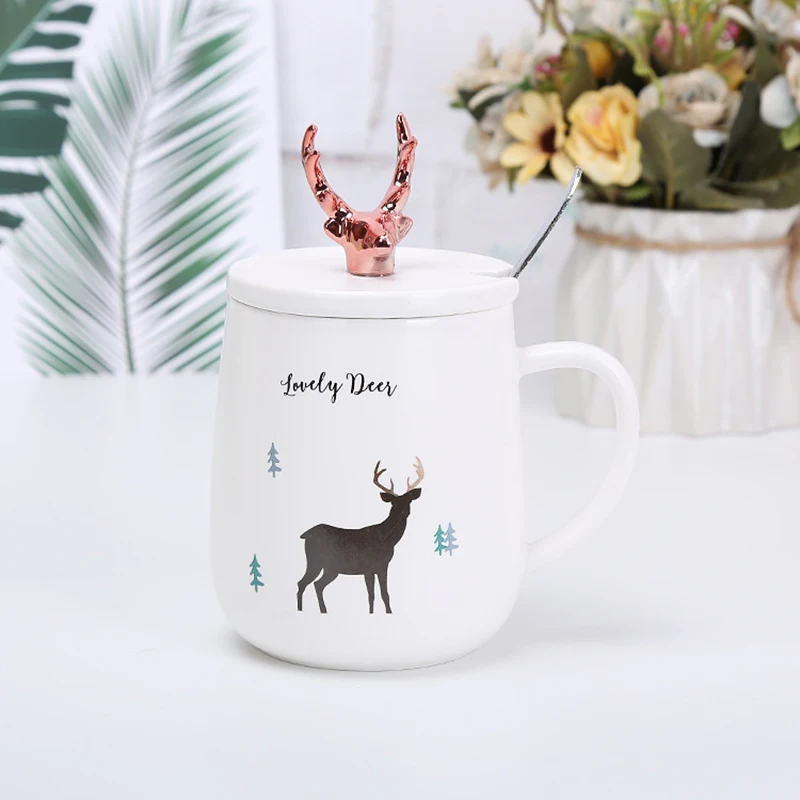 Ceramic Milk Mug Coffee Cups Cover Drink-ware Deer Pattern Christmas Gift Cafe Office Animal Image Tableware Kitchen Utensil | Дом и сад
