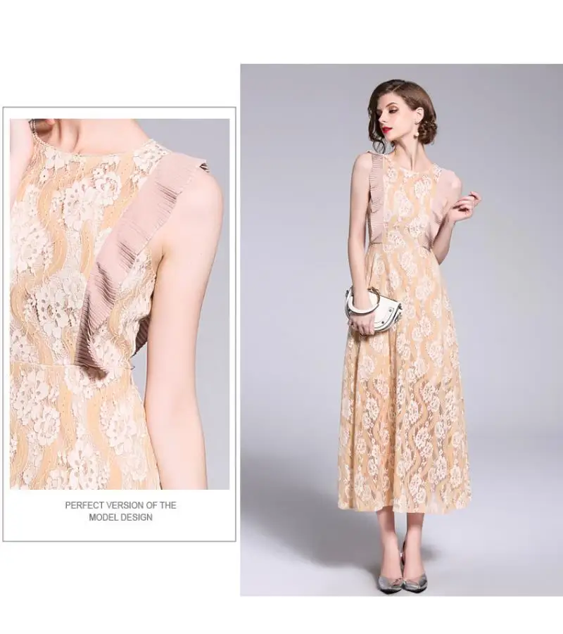 

Women Two-Tone Colors Lace Embroider High waist Ruffles Dress Swing dress Summer Elegant O Neck Sleeveless Business Office Work