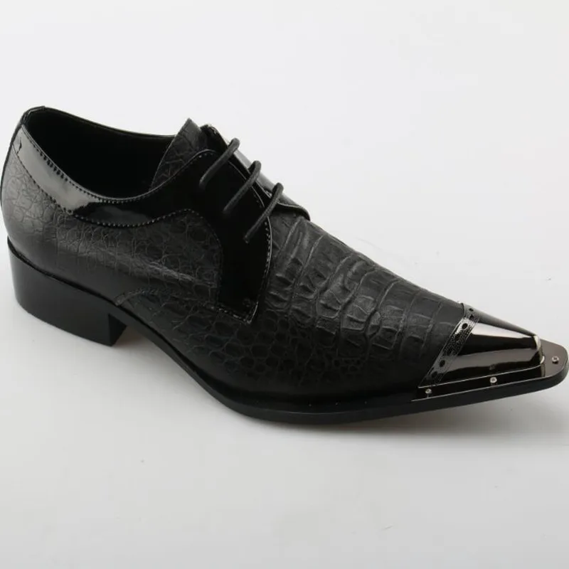 Черные Мужские модельные туфли с острым металлическим носком Кожаные Туфли