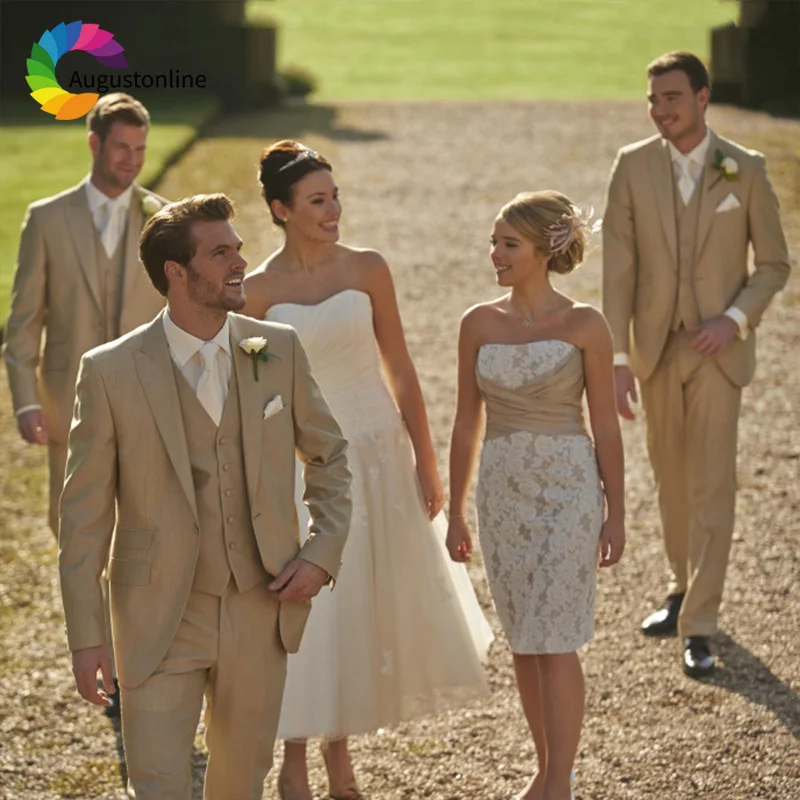 

Мужские костюмы цвета шампанского для свадьбы, облегающие смокинги для жениха, 3 предмета (пиджак + брюки + жилет), смокинг для выпускного веч...