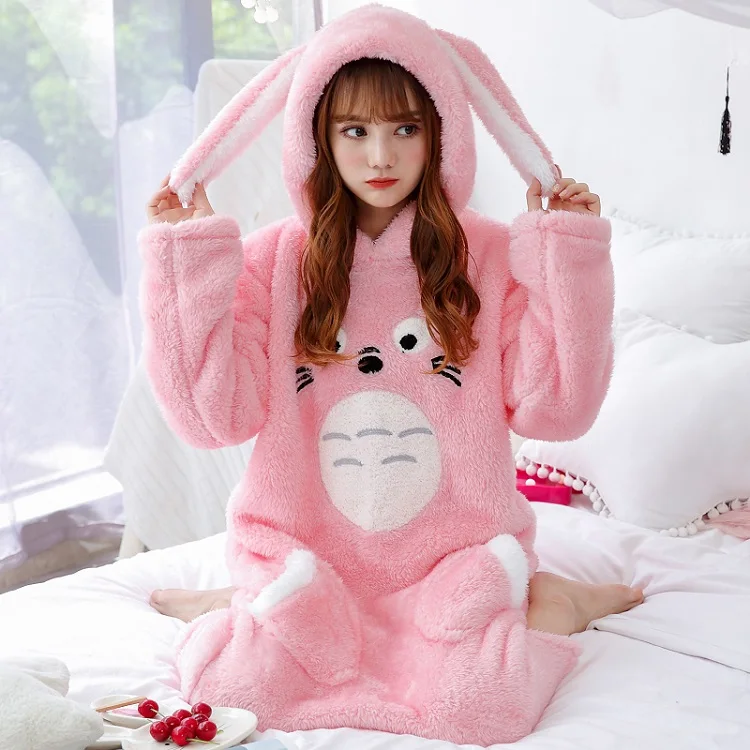 Totoro Pink Hooded Фланелевое Ночное платье для женщин; зимние плотные плюшевые ночные рубашки с капюшоном Тоторо; длинный халат; милая одежда для сна для девочек; мягкое домашнее платье - Цвет: Totoro Pink Hooded