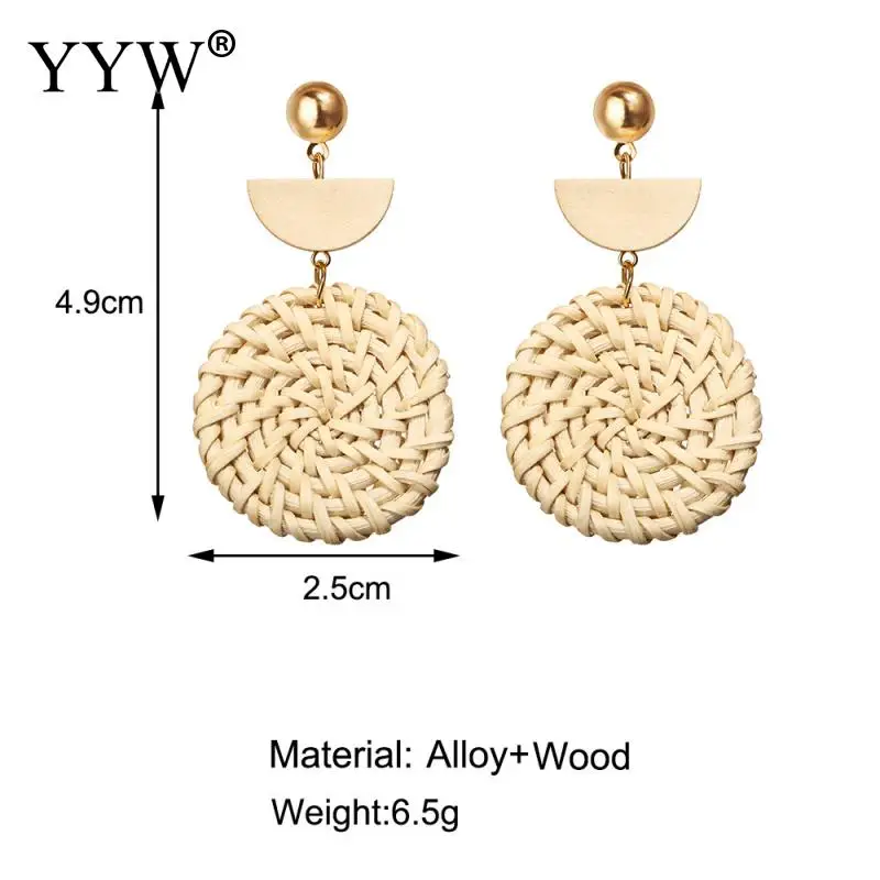 2019 Trendy Handmade Drop Earrings For Women Wooden Straw Weave Rattan Big Round Geometry Sector Wedding Dangle Jewelry | Украшения и