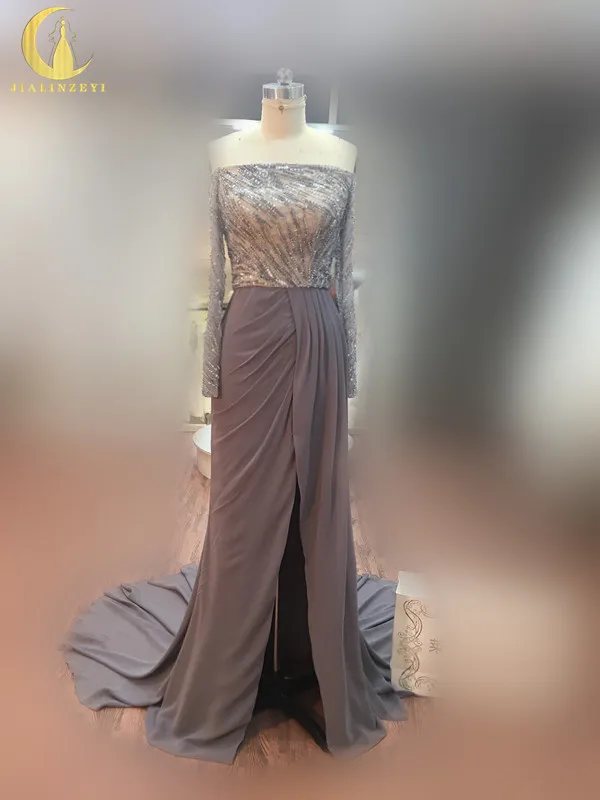 JIALINZEYI New Sexy Boat Neck Grey Long Sleeves Beads Sequins Chiffon Slit Mermaid Party Formal Dresses  Evening Dresses 2020