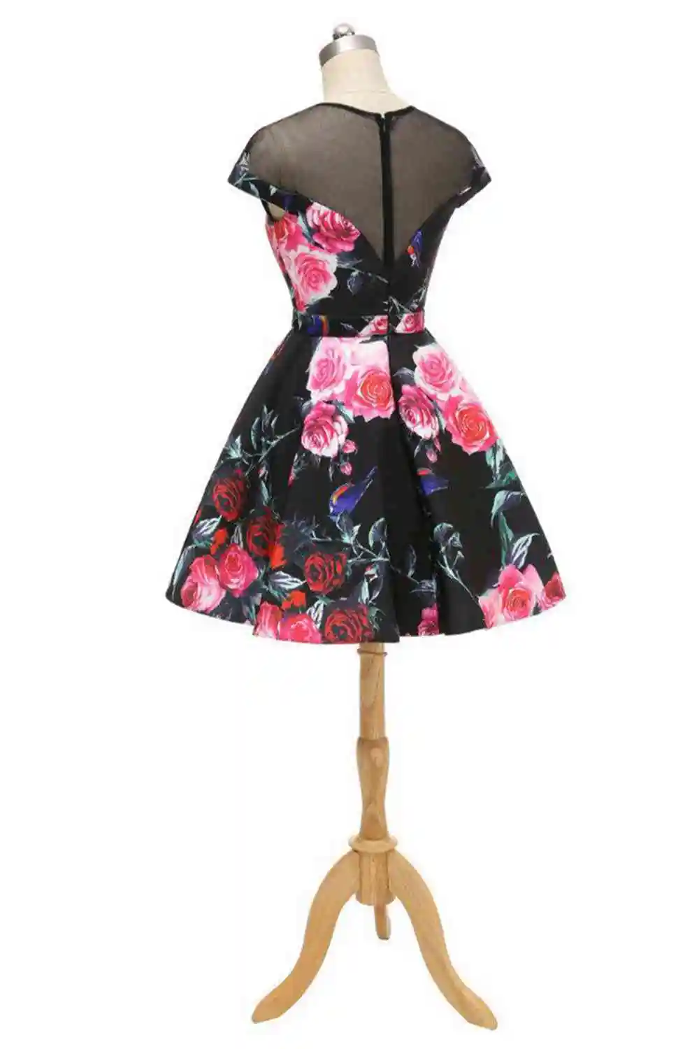 Fashion Pink Rose O-Neck Evening Dresses Flower Print Valentine's Day Dress Short A-Line Black Illusion Tulle Formal Party Gowns | Свадьбы