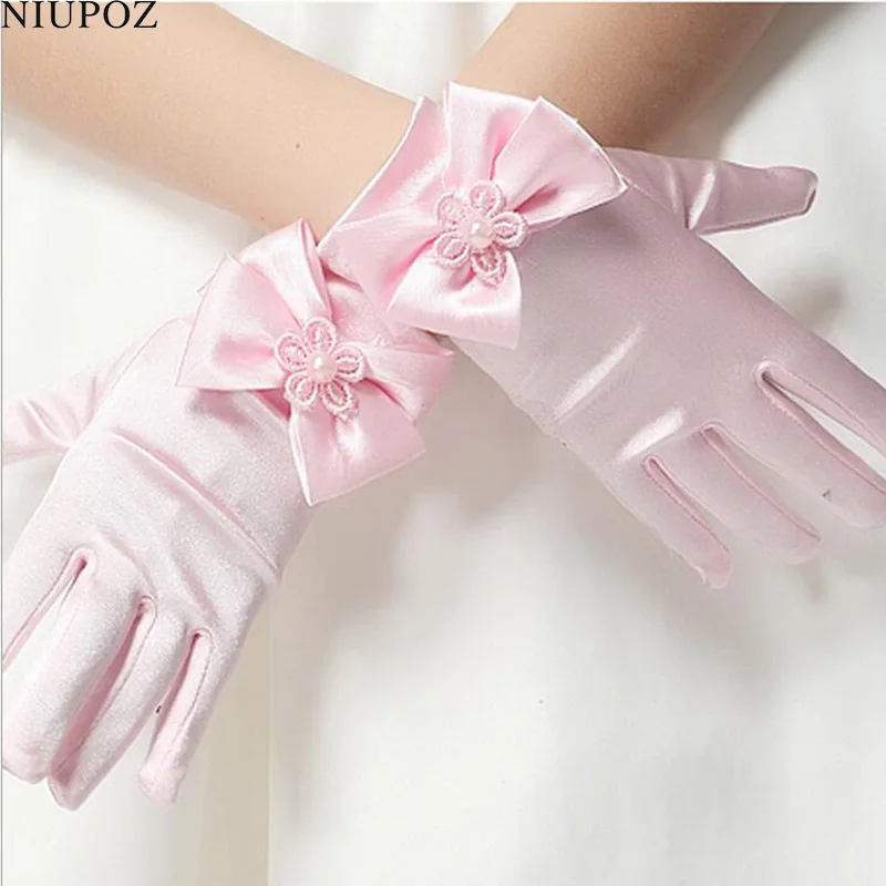 Милые эластичные перчатки для девочек атласные с цветочным бантом и жемчугом