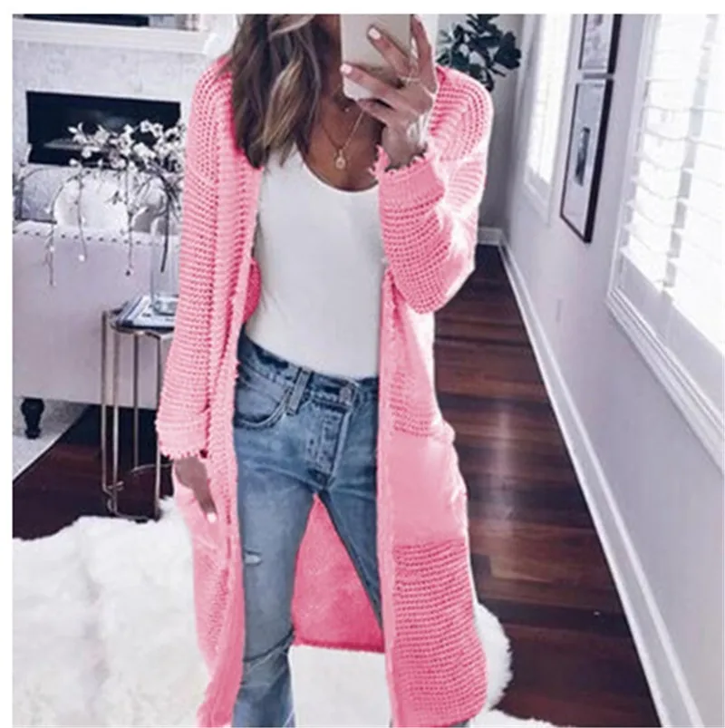 Spring Autumn Winter Long Sweater Women Knitting Cardigan Fashion 2019 Pockets Open Stitch Coat Female Vintage Knitwear |