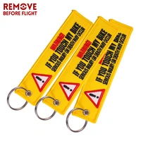 3pcs remove before flight warning keychain tag keychains for motorcycles and cars key tag embroidery yelloew danger key rings