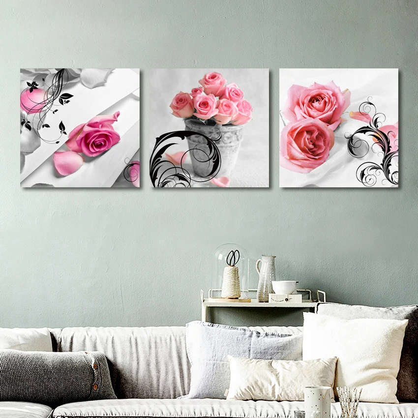 

ALMUDENA Unframed 3 Pieces/Set Modern Mural Picture Pink Rose Flower Canvas Art Print Poster Home Decor Bedroom Wall Painting