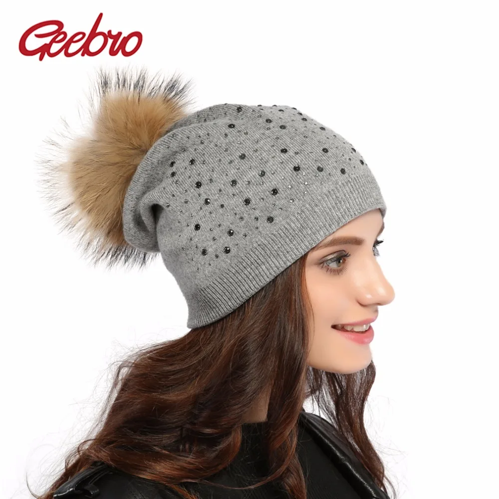 Geebro Для женщин помпонами Шапки зима теплая Вязание енота Мех животных Pom Beanie шапка для Для женщин Натуральный мех помпоном Skullies шапочки dq039