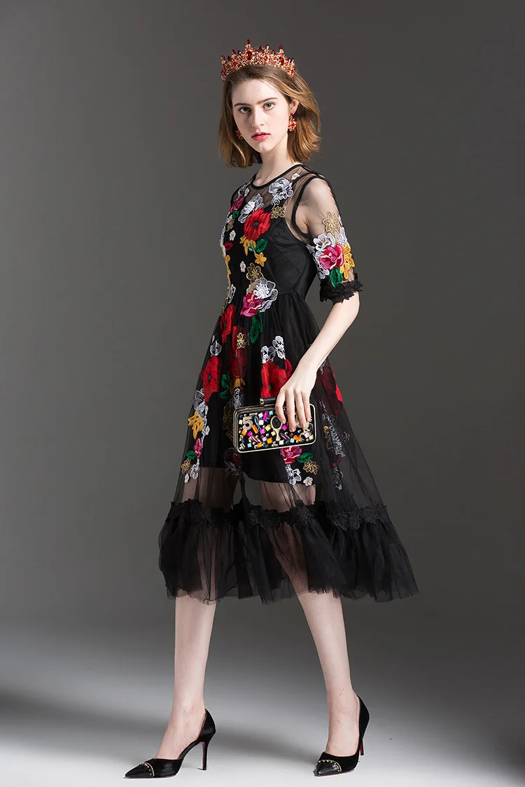 2018 Для женщин Вышивка свободное платье сетка красочный цветочный Ручной Работы