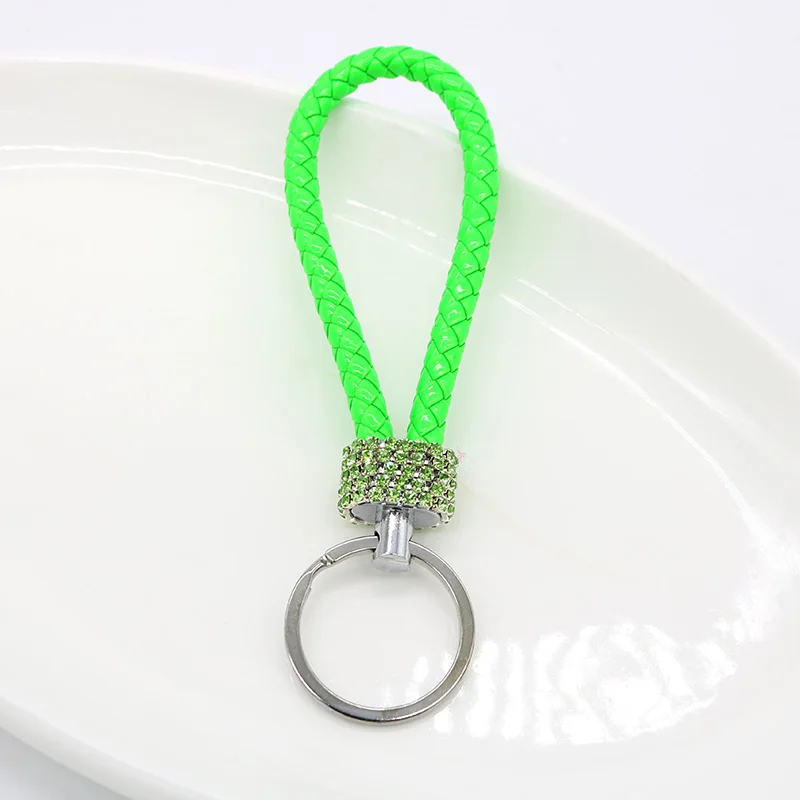 Творческий брелок из кожи с кристаллами Rhinestone, связанный в плетеную шнурок, женский брелок для сумки, металлические брелки для ключей, кольца для талии для мужчин, оптовая продажа.