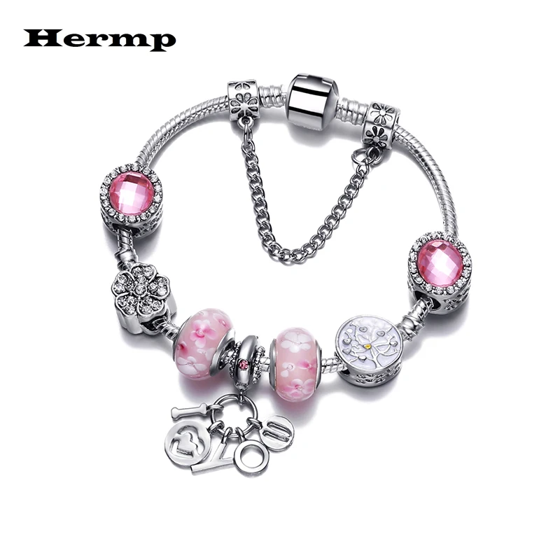 Hermp Dropshipping 2019 New Pink Flower Pandent &amp Lovely Bear Pa Bracelet Brand Female Jewelry Pulseras | Украшения и