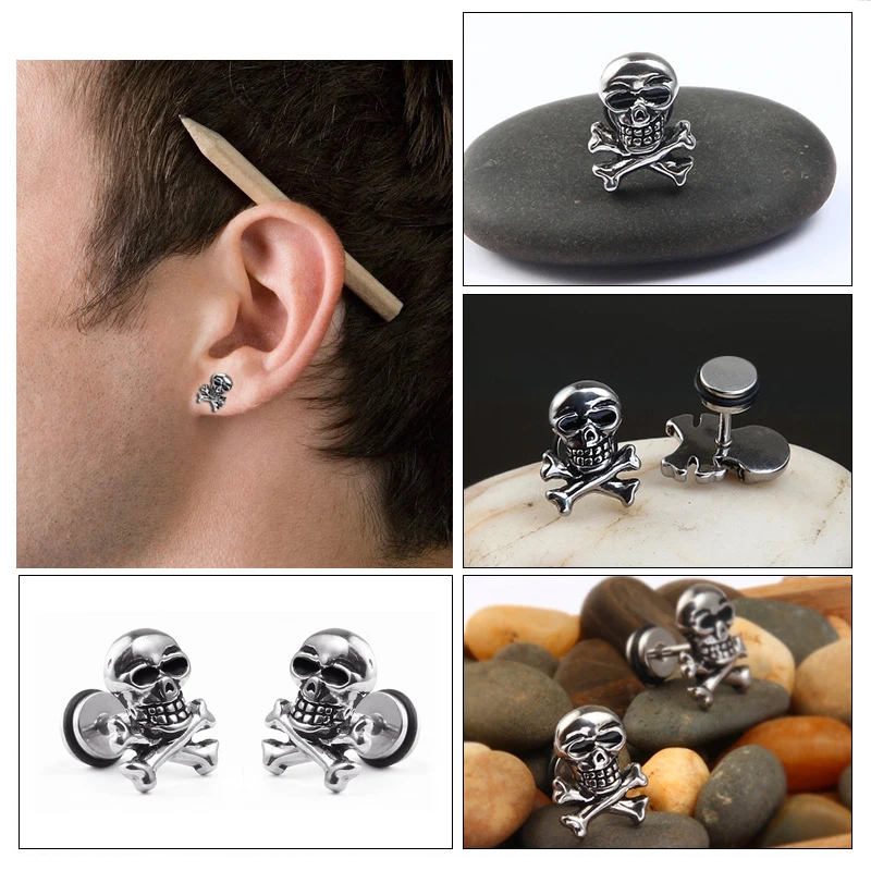 SexeMara 1pc Stylish Pirate Skull Earring Ear Plug Titanium Stainless Steel Rock Hiphop Style Men/Women Pierced Stud | Украшения и