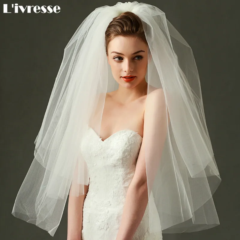 2 слоя Короткая Свадебная вуаль гребень обрезанная кромка Velos De Novia 2017 Аксессуар