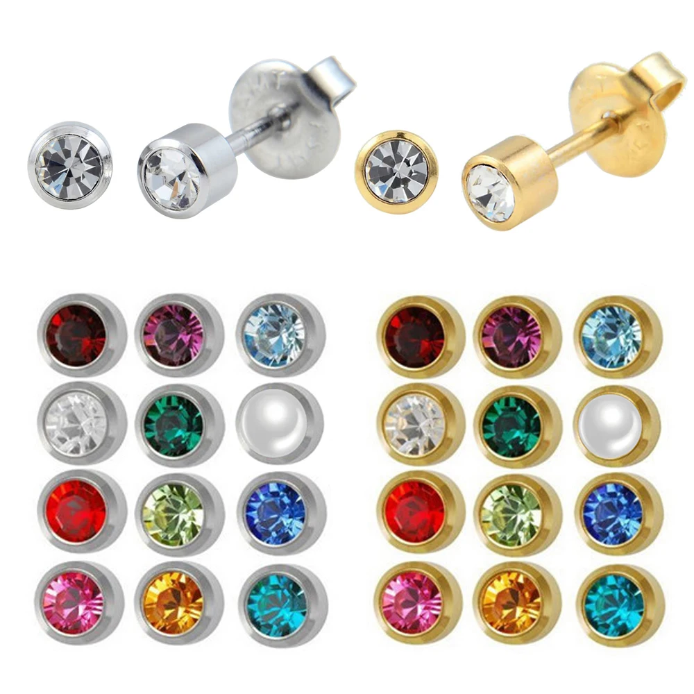 12pairs Fashion Silver Color&Gold Color Birthstone Gem Ear Piercing Stud Body Jewelry Professional for Earring Gun