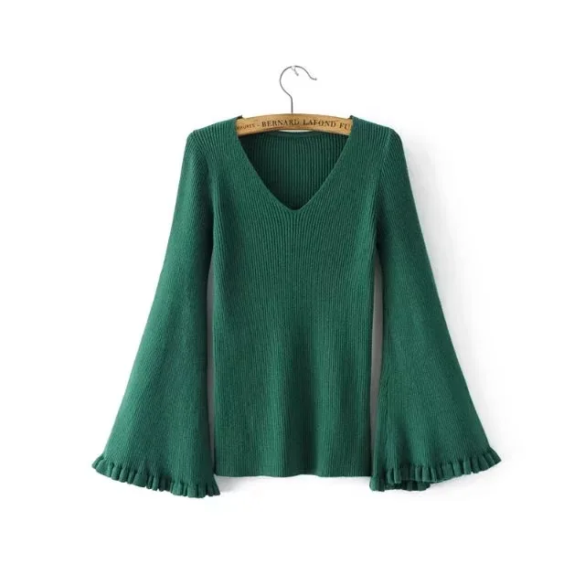 2017 Autumn New European Style Women Fashion V-Neck Long Flare Sleeve Solid Color Casual Knitted Pullovers Sweater | Женская одежда