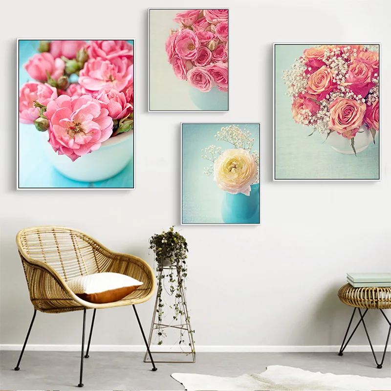 Gohipang Pinky Rose Canvas Oil Painting Modern Art Poster Valentine's Day Prints Lover Present Wall Decoration | Дом и сад