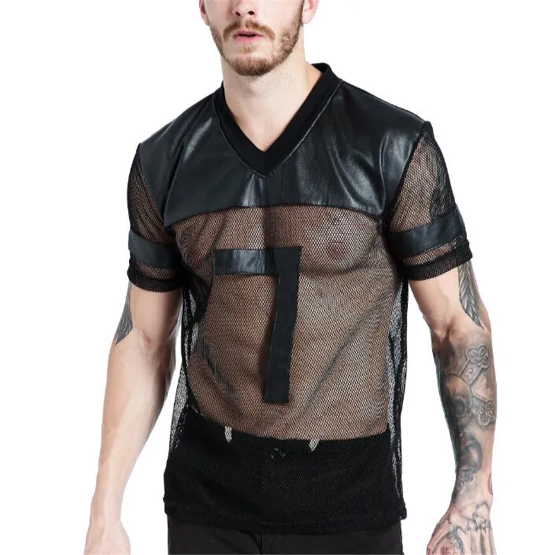 Футболка мужская из искусственной кожи с коротким рукавом и V образным
