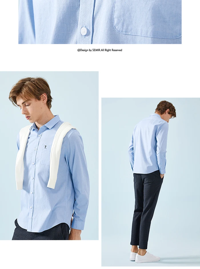SEMIR Мужская рубашка классического кроя из хлопка с нагрудным карманом, Мужская Легкая железная рубашка с отложным воротником, Мужская классическая Модная рубашка