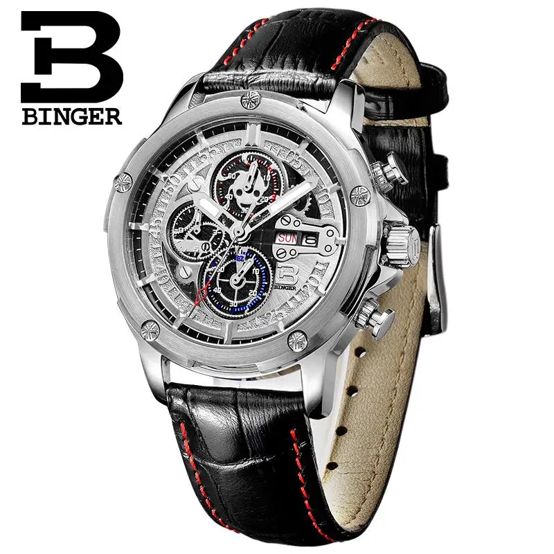 Швейцарские часы мужские роскошные брендовые наручные Бингер кварцевые с