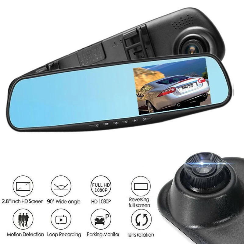 2 8 дюймов 1080P Двойной объектив зеркало со встроенным видеорегистратором Dash Cam