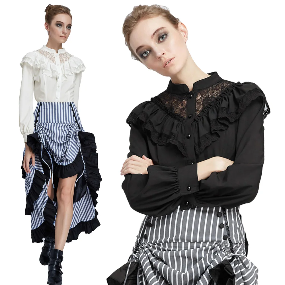 gothic shirt Women vintage blouses spring fall ladies Renaissance Long Sleeve Stand Collar Ruffle Decorated Shirt clubwear Tops