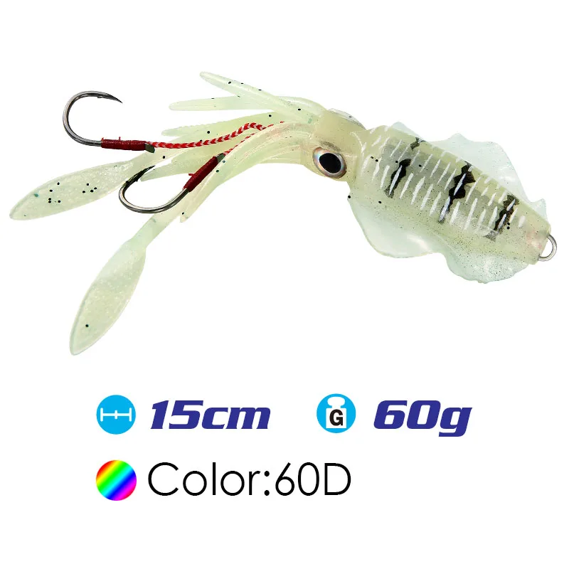 squid60gColorD 20 г/60 г УФ Glow Octopus Calamar Морская Рыбалка воблер кальмар Джиги рыболовные приманки-Воблеры силиконовая Приманка в виде кальмара Рыбалка мягкая - Цвет: squid60gColorD